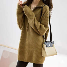 中长款毛衣女秋冬2025新款时尚慵懒风宽松显瘦半拉链打底针织上衣