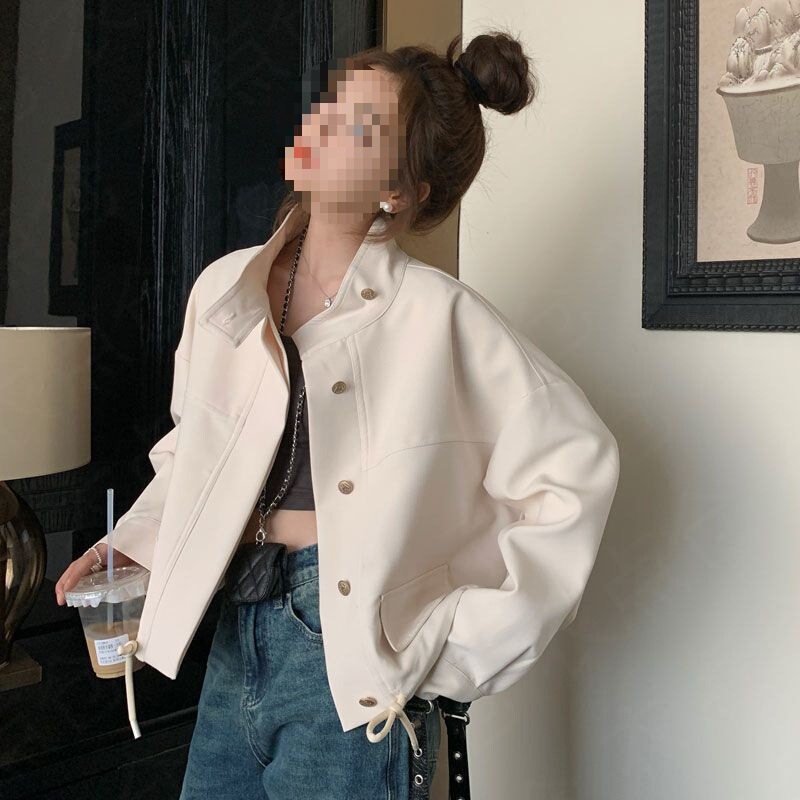 Casual Loose Workwear Short Jacket for Women Korean Style Jacket Spring and Autumn 2025 New Off-White Stand Collar Petite