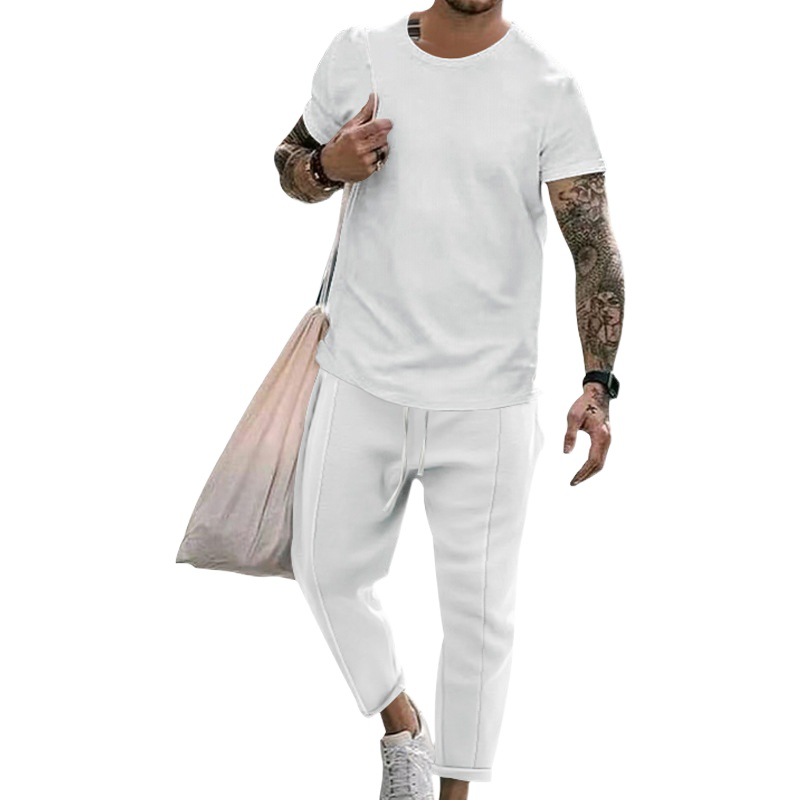 Estación independiente Ropa de hombre de comercio exterior europeo y americano 2023 Camiseta de manga corta de cuello redondo de dos piezas Traje de pantalones de hombre de moda casual