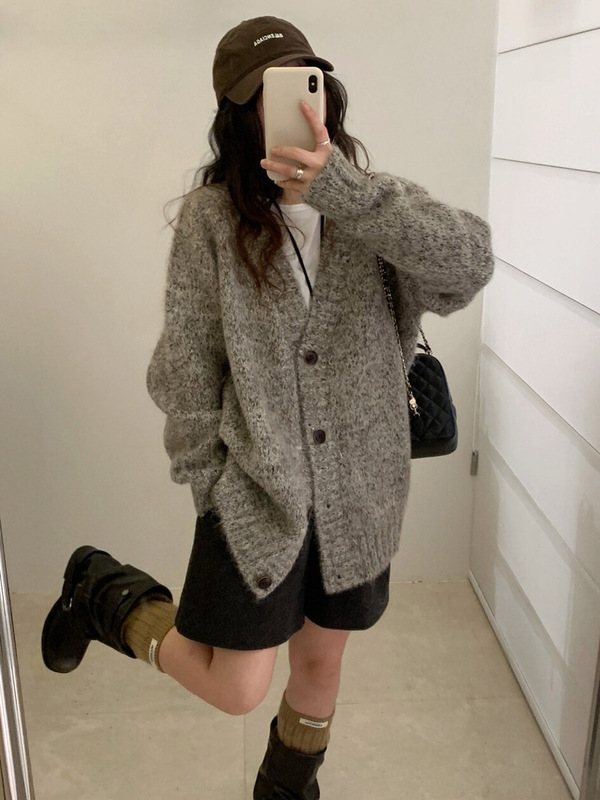 木四 宽松慵懒风V领针织外套女秋冬女装花线休闲毛衣开衫超厚6682|undefined