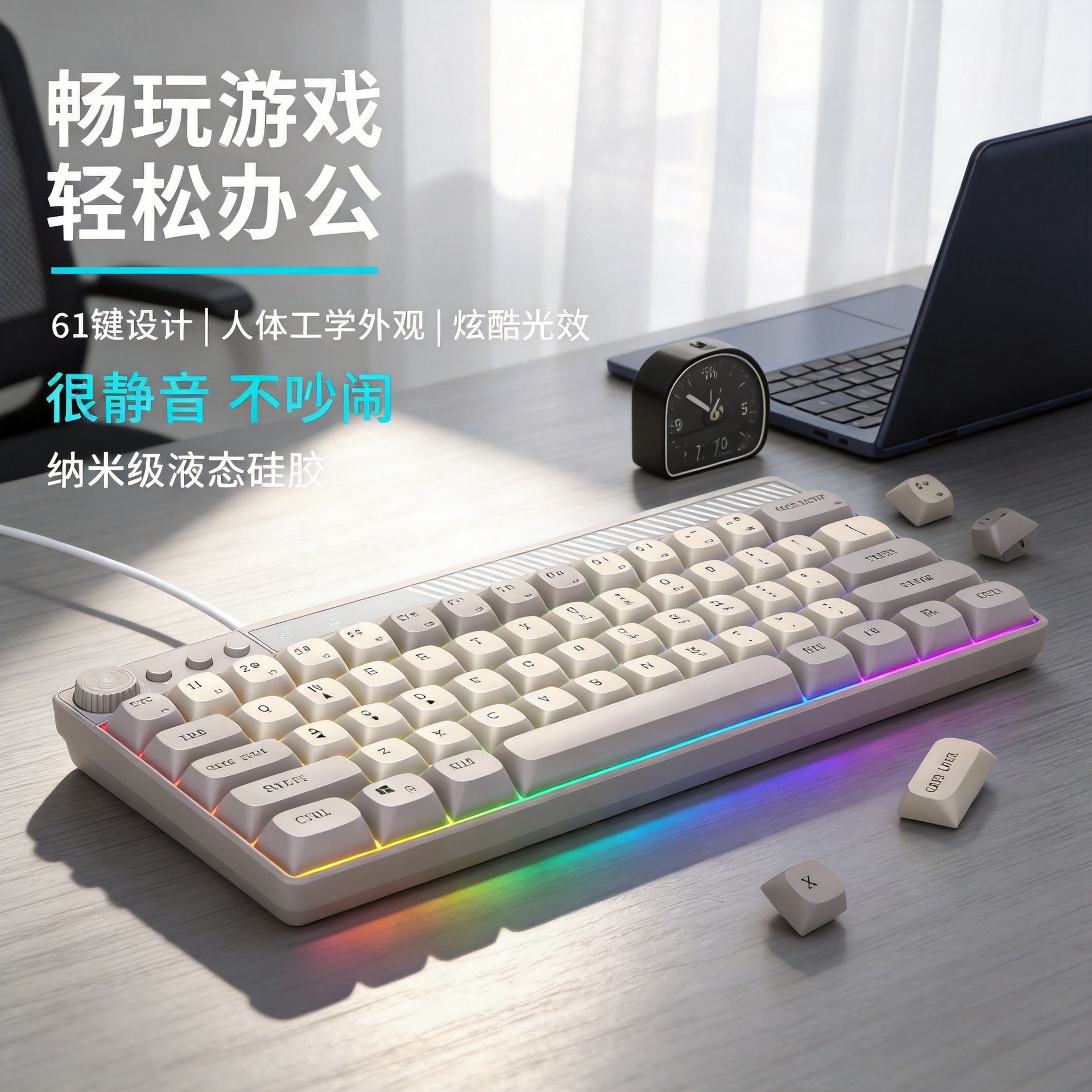 森朗尼K21有线RGB键盘61键拼色炫彩发光游戏多媒体61键RGB键盘