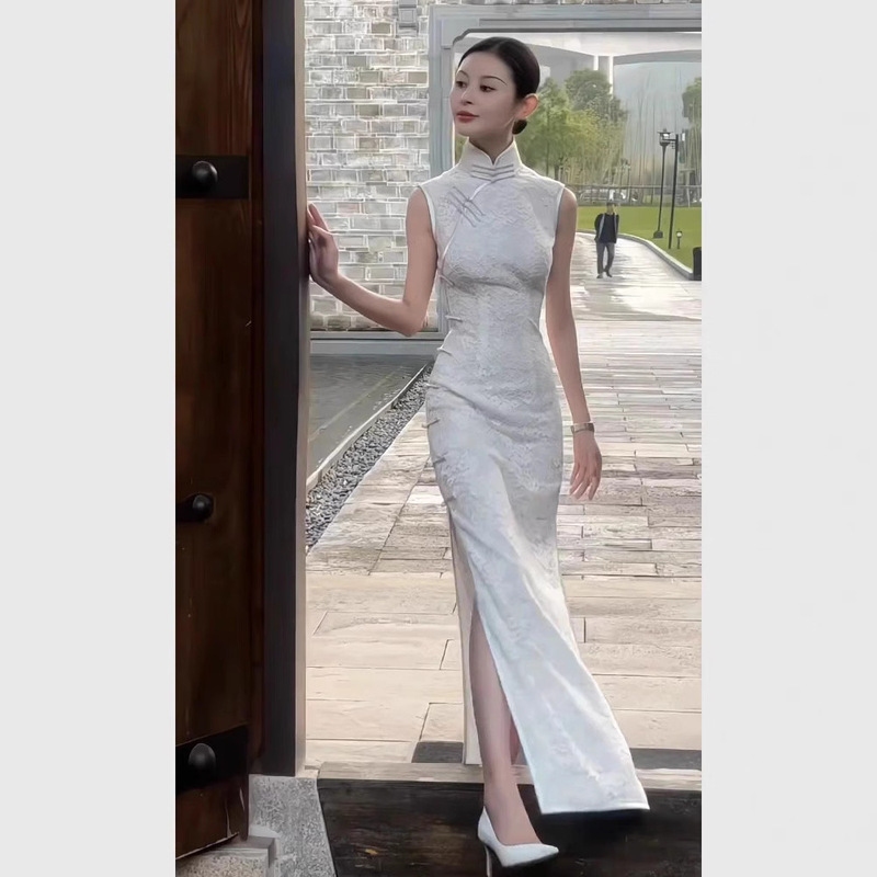 New Chinese Style White Stand-Up Collar Sleeveless Cheongsam Dress Summer Women's Clothing Super Nice and Elegant Long Skirt