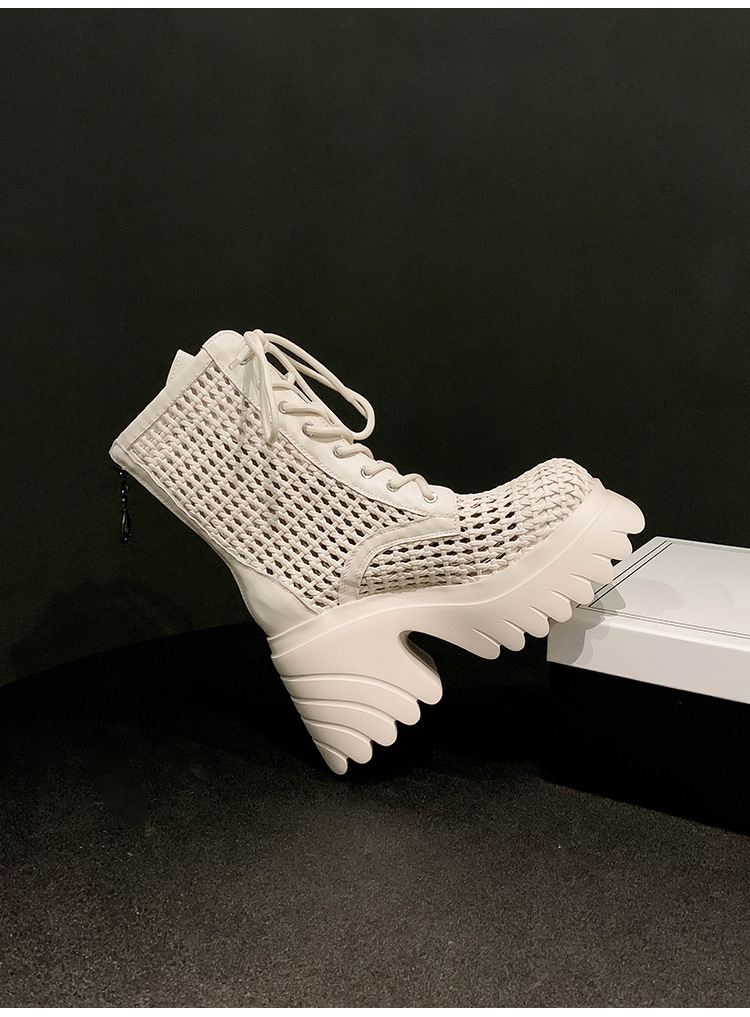 Boot nữ cổ thấp đế dày tăng chiều cao, gót thô đan thoáng khí — màu đen, màu trắng ngà, bạc chi tiết 23
