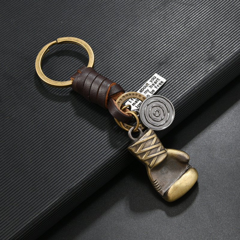 Cross-Border Fist Keychain Men's and Women's Small Gifts Alloy Bronze Boxing Set Retro Woven Cowhide Pendant Keychain Cross-Border Fist Keychain Men's and Women's Small Gifts Alloy Bronze Boxing Set Retro Woven Cowhide Pendant Keychain