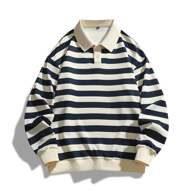 クロスボーダーメンズTシャツ春秋ポロストライプスウェットシャツ暖かいゆったり秋ラペル長袖万能長袖Tシャツ|undefined
