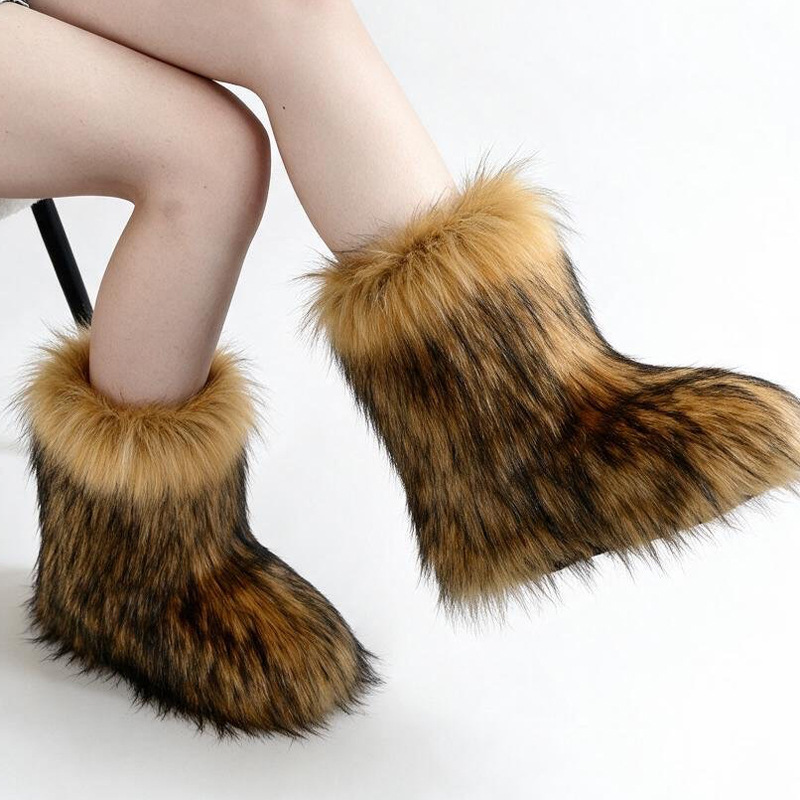 European and American cross-border y2k women's faux fox fur snow boots, faux fur plush flat winter boots, fashionable cotton boots
