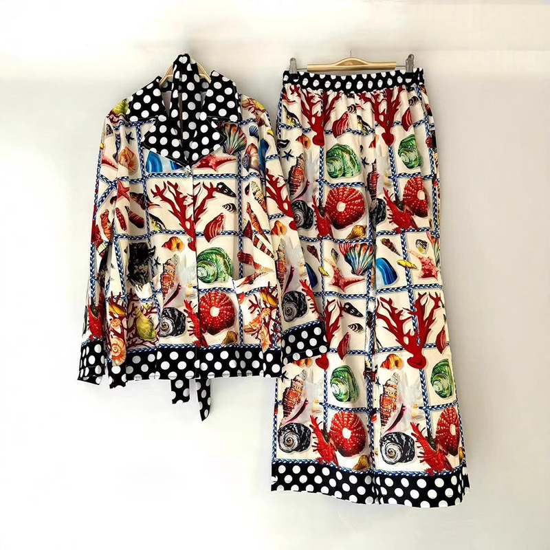 2025 Cross-Border Women's Clothing Retro Geometric Print Lace-Up Shirt Two-Piece Set + Loose Wide-Leg Pants Set Fashionable