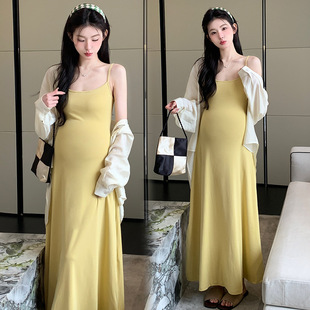 Pregnant Women's Dress Spring and Summer Hot Mom New Lazy Style Elastic Slip Skirt Sunscreen Shirt Sweet Slimming Pregnant Women's Two-piece Set