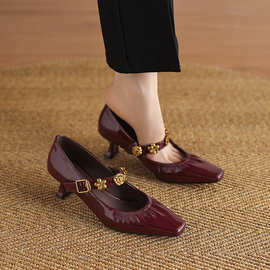 工厂直供 方头一字扣带玛丽珍鞋女春新款气质百搭粗高根鞋