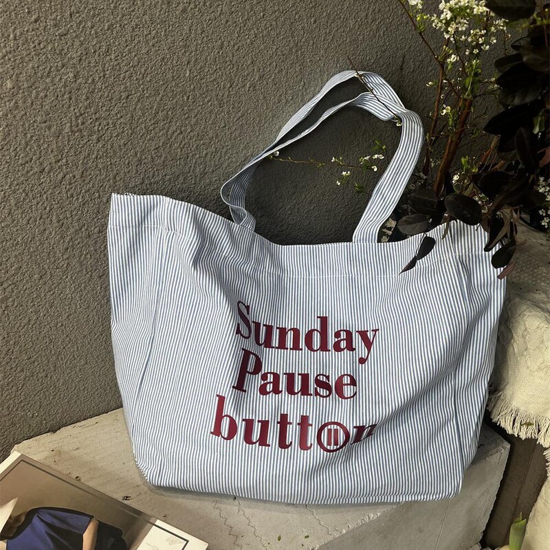 2026 Spring and Summer New Style Tote Bag Large Capacity Letter Stripe Shoulder Bag Canvas Bag Women's Simple Casual Shopping Bag