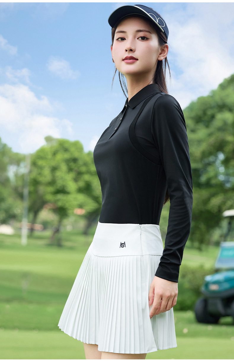 Áo polo dài tay nữ golf phối giả hai mảnh, chất vải co giãn thoáng khí — Tay áo dài màu trắng [nút tình yêu/vải co giãn/thoáng khí và thấm mồ hôi] YF834 chi tiết 17