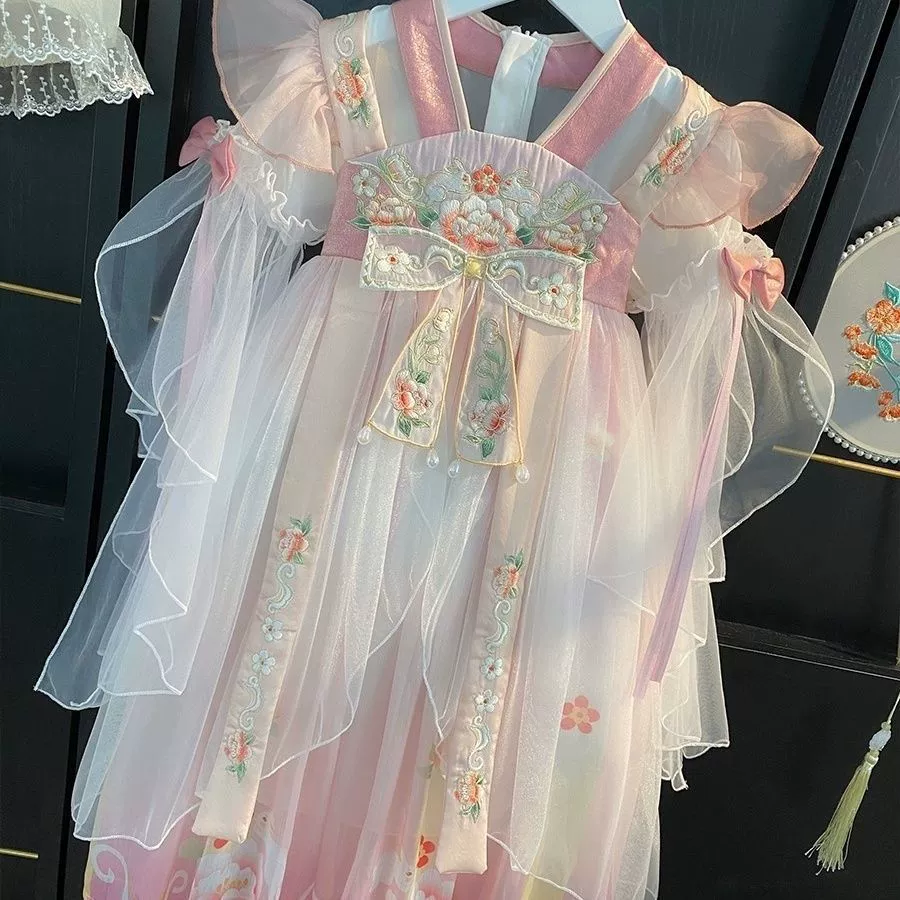 Весенний наряд в древнем стиле Hanfu для девочек, новинка 2025 года, летнее детское платье принцессы в стиле феи, древний стиль.