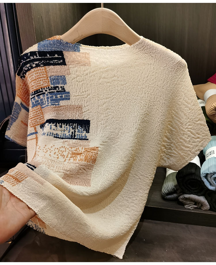 Áo thun cổ tròn nữ dáng rộng xếp ly tay ngắn — Màu xanh lam, Màu trắng be, Màu xám chi tiết 12