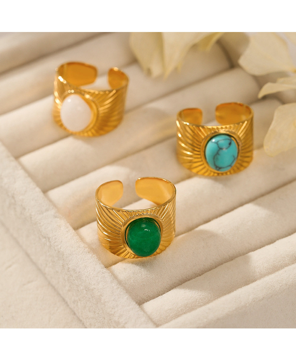 Retro Stripe Oval Stainless Steel Inlay Natural Stone Open Ring 1 Piece