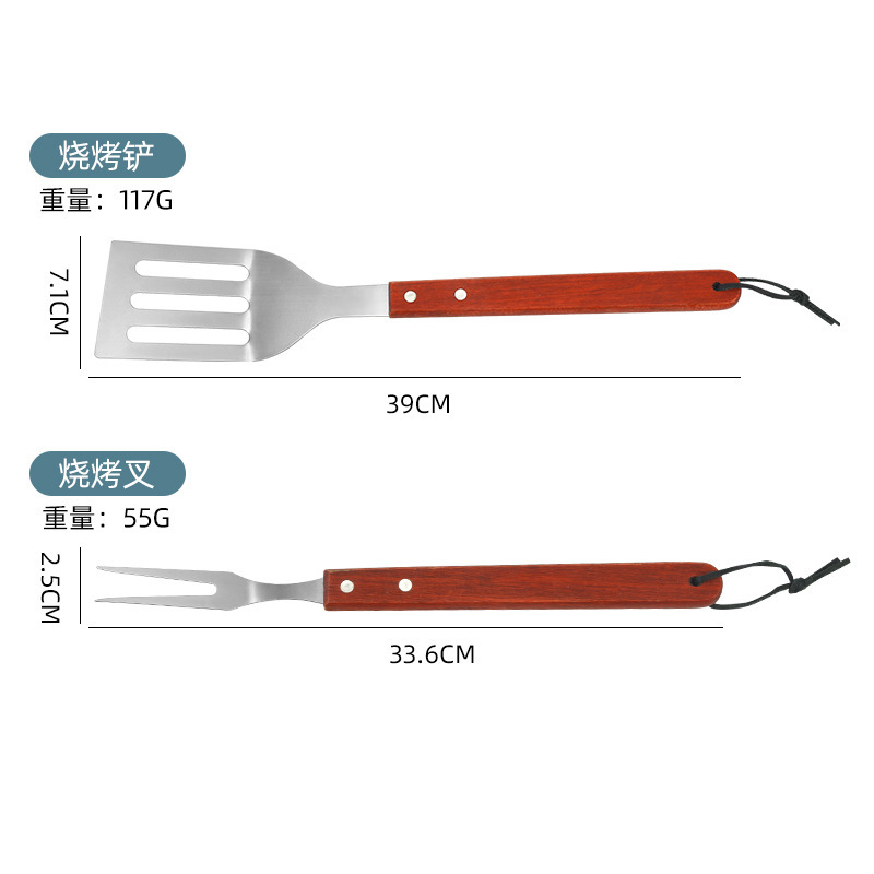 Ventas directas de mano de madera BBQ BBQ conjunto de parrilla clips de parrilla tenedor cuchilla delantal Oxford bolsa de tela parrilla set de cinco piezas