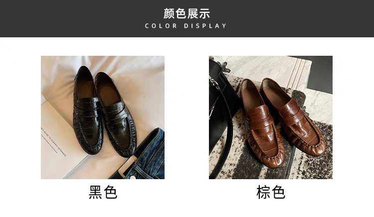 Giày lười nữ da bò xẻ nhún xếp thủ công, mũi nhọn, gót thô 3–5 cm — Màu nâu, màu đen chi tiết 3