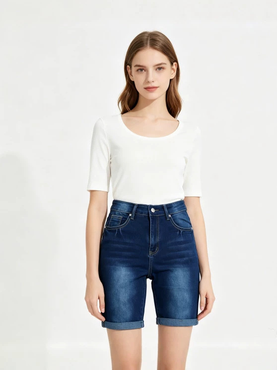 Shorts de Mezclilla de Tiro Alto para Mujer de Mezclilla de Algodón con Alta Elasticidad y Borde Enrollado para Uso Casual image 1