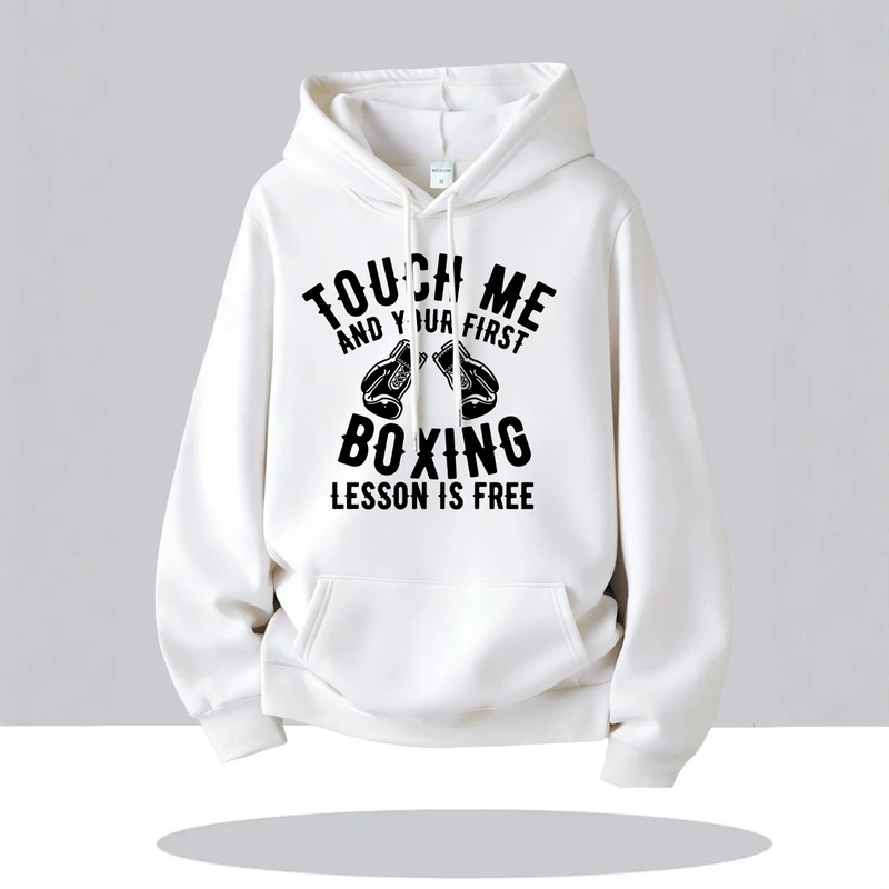 Boxing Warning Slogan White Hoodie, Drop-Shoulder Sports Training Casual Long-Sleeve Top, Loose White Hooded Style