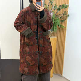 2025冬韩版宽松复古细条绒印花拼接羊羔毛棉衣外套保暖棉服女1567