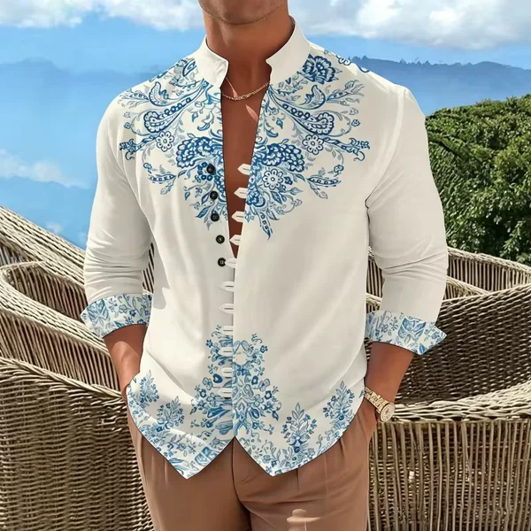 Cross-Border Amazon Independent Site Men's Shirts Vintage Printed Shirts Vacation Style Casual Retro Long-Sleeved Tops