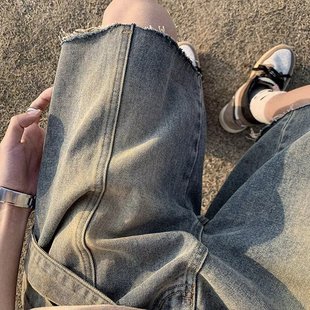 Ripped Washed Gradient Jeans Spring and Summer Loose Wide-Leg Pants Retro Straight-Leg Pants for Men