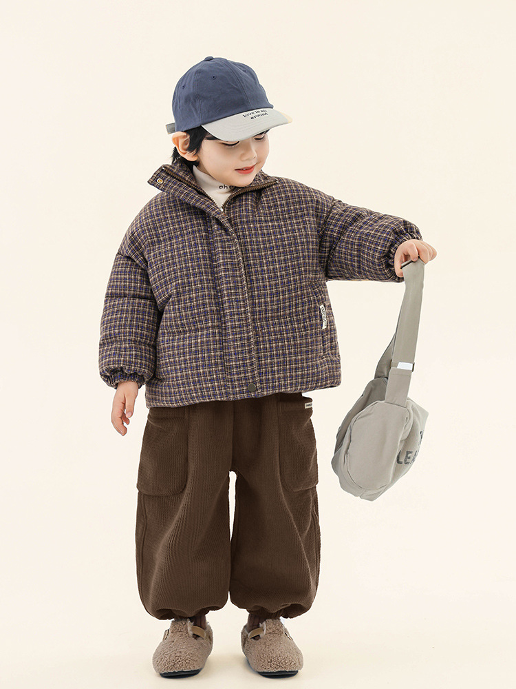 Changguo Clothing Boys' Cotton Jacket Winter Wear Children's Retro Plaid Cotton Coat for Young Children Thickened Cotton Padded Jacket with Stand Collar