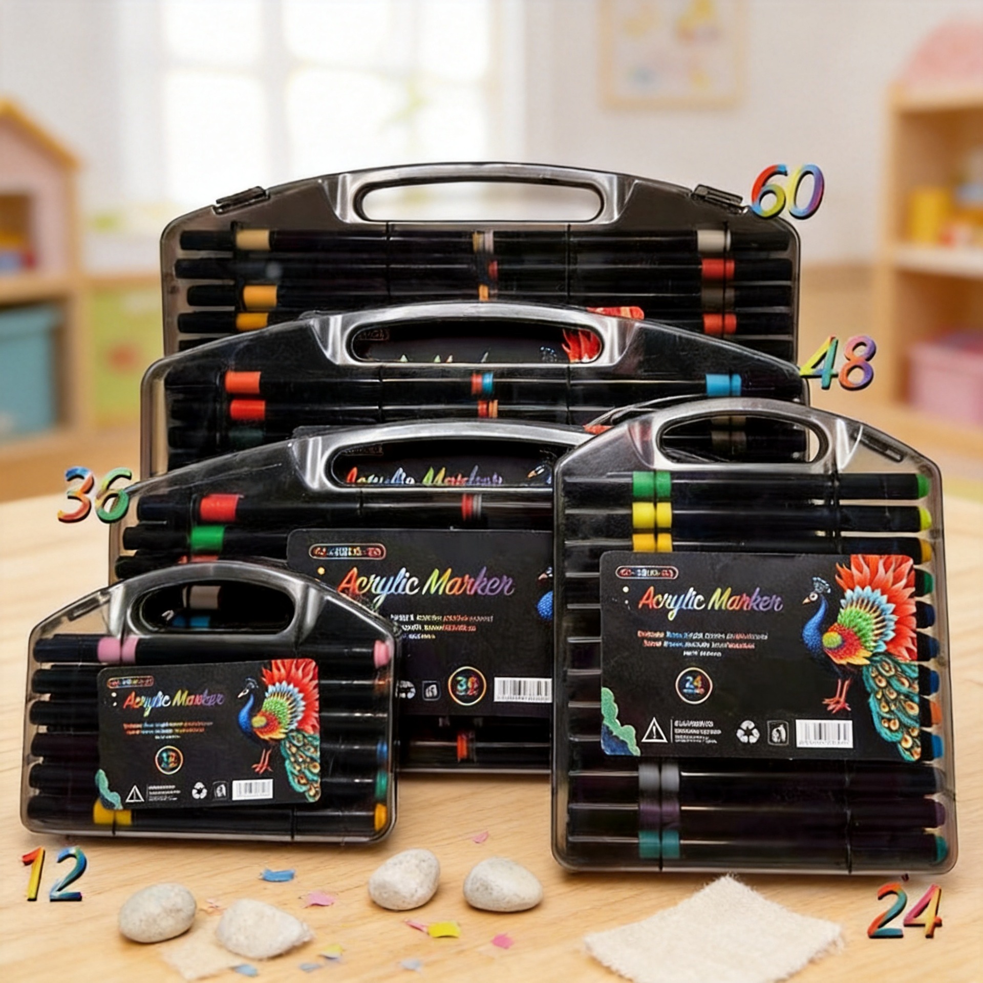 Peacock Small Black Box Soft-Tip Acrylic Marker Pen Primary School Student Stationery Children's Art Painting Watercolor Pen Graffiti