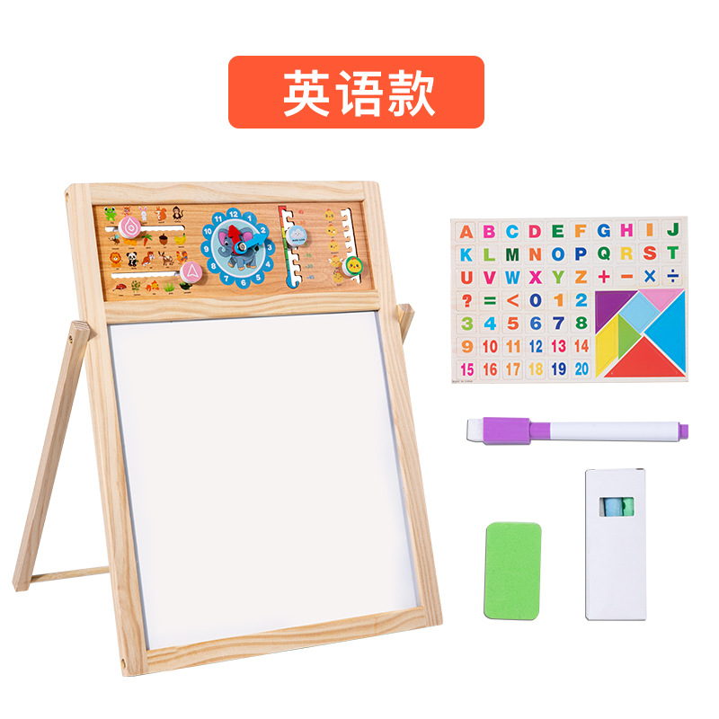 Niños de madera multifuncional aprendizaje matemático cálculo dibujo alfabeto clima cognitivo juguetes de madera soporte de doble panel