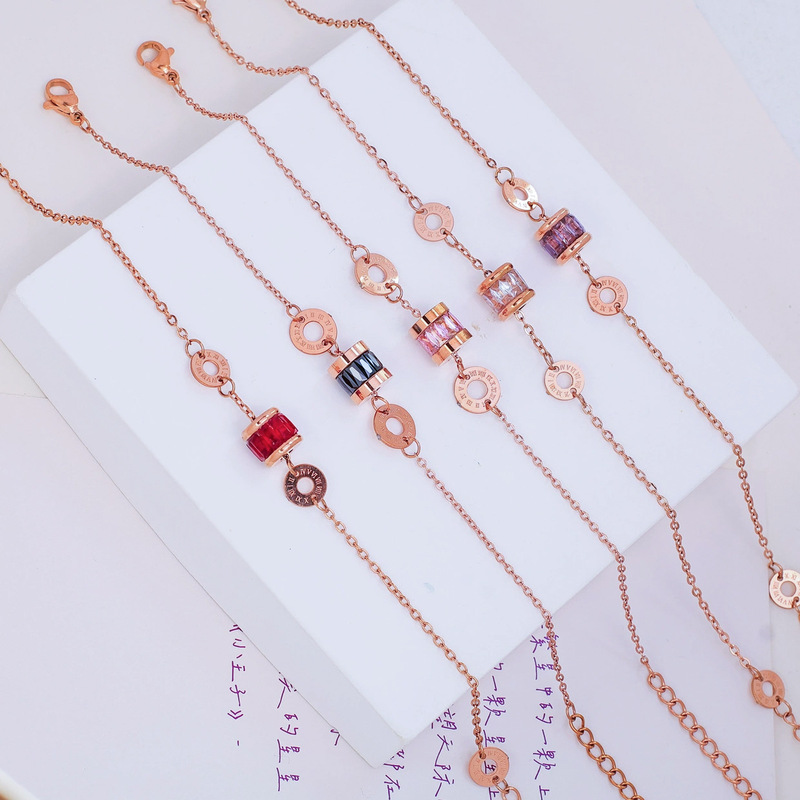 K-Style of Elegant Purple Colorfulful Roman Numeral Ice Crystal Rose Gold Bracelet Titanium Steel Plated 18K Gold Bracelet for Women