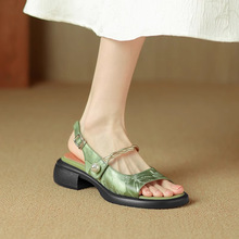 新中式国风圆头厚底绿色新品法式鱼嘴凉鞋女2024夏季新款粗跟女鞋