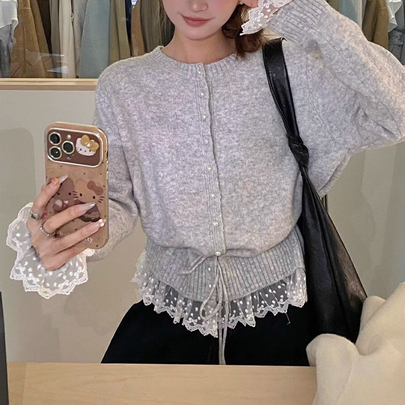 蕾丝花边系带韩系穿搭收腰毛衣女秋季新款时尚减龄遮肚针织衫上衣|undefined