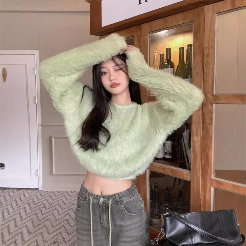 Autumn and winter new soft waxy mohair sweater women's short design pure desire hot girl imitation mink velvet sweater top