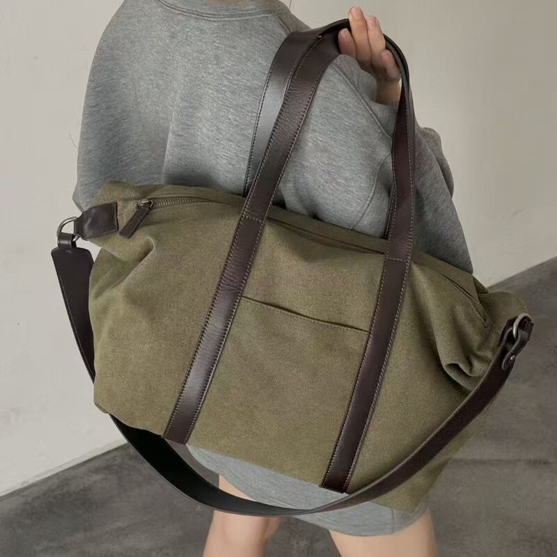 YP同款帆布拼牛皮托特包松弛感极简设计出差旅行包健身包大容量|undefined