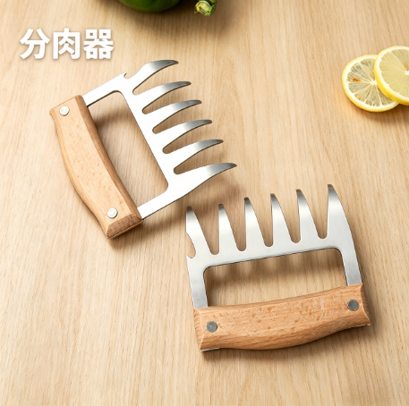 Factory Direct Sale Wooden Handle Stainless Steel Barbecue Meat Tearing Tool, Bear Claw Chicken Meat Separator, Anti-Scalding Heat-Insulated Meat Tearing Grabber