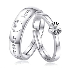 情侣纯银925戒指日韩简约个性对戒直播男女开口套戒厂家直销字母