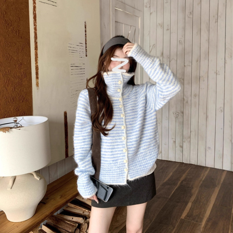 跨境韩系复古条纹长袖毛衣外套女秋冬季新软糯设计感宽松针织开衫|undefined