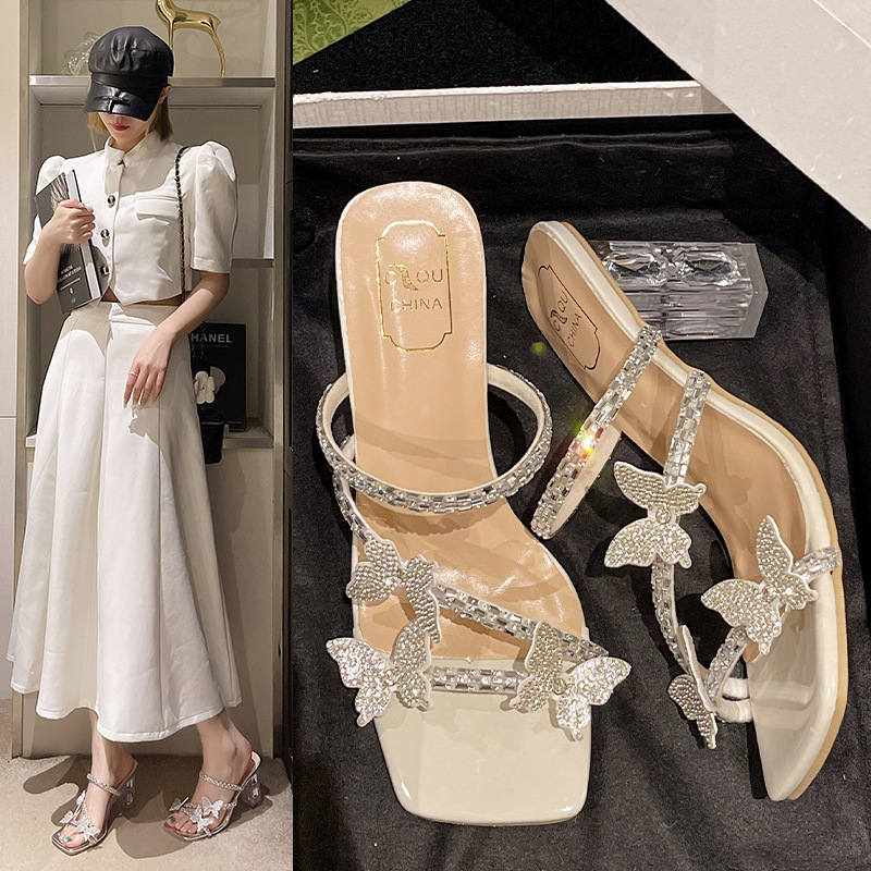 Women's sexy rhinestone floral transparent slip-on sandals, 2022 summer new fashion fairy style high-heeled sandals
