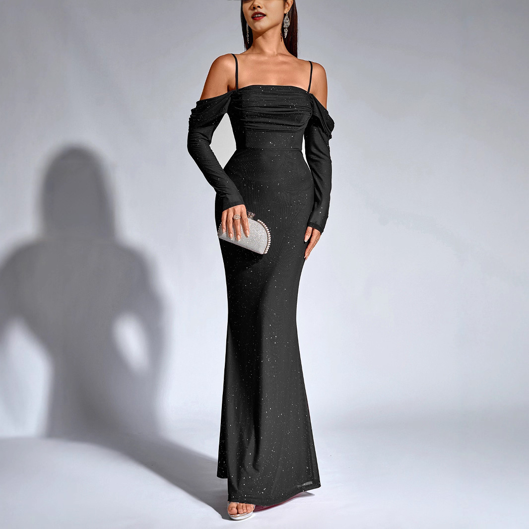 Robe de soirée élégante et cintrée, style européen, épaules dénudées, ornée d'un voile de tulle poudré, collection automne-hiver._voghion.com