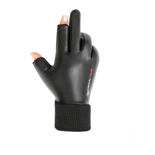Men's leather gloves with two fingers leaking in winter, plus velvet to keep warm, waterproof, windproof and cold, while riding, driving and delivering express takeaways