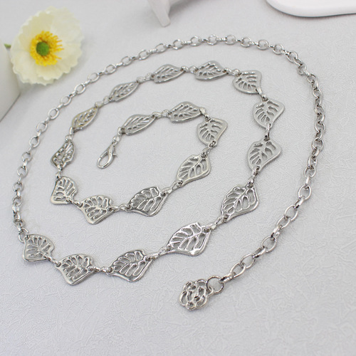 Metal waist chain for women, versatile and fashionable silver leaf hook chain with shirt, sweater and dress decorative thin belt