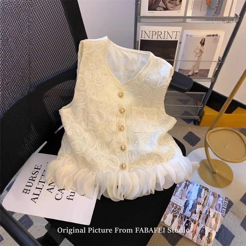 Tweed Style Sequin Embroidered Vest Shirt Women's Summer Style Unique and Super Nice Stereo Petal Splicing Sleeveless Top