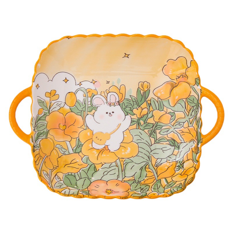 Dibujos animados lindo flor conejo vajilla de cerámica tazón plato al por mayor binaural sopa tazón plato de comida occidental placa de hornear ensalada tazón image 1