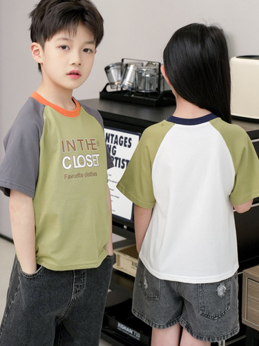 Summer children's short-sleeve T-shirts for boys and girls, summer clothing for middle and small children, splicing half-sleeve base top for children