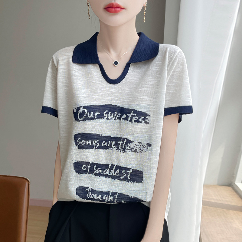 Summer Scissor Collar Color-Block Knit Short-Sleeve T-Shirt for Women, Cool Bamboo Linen Thin Pullover Top for Commuting