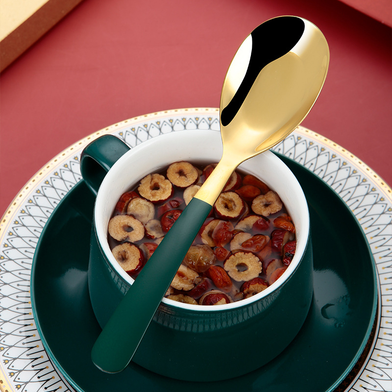 Kleiner Esslöffel aus Edelstahl 304 mit flachem Boden für Suppe, Reis, Kaffee, Desserts, titanbeschichtet._voghion.com
