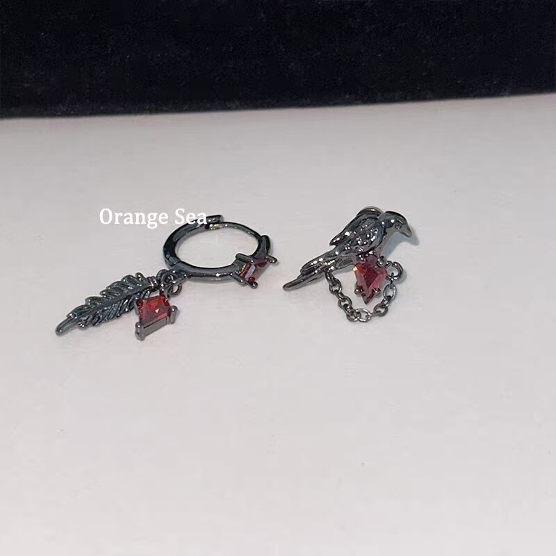 Orange Sea甜酷黑红乌鸦耳骨钉暗黑辣妹黑羽耳圈耳环双耳洞耳饰女|undefined