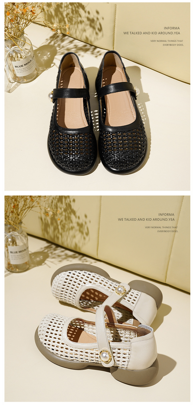 Sandal nữ da thật quai chữ V đan móc mũi kín đế mềm — màu be chi tiết 24