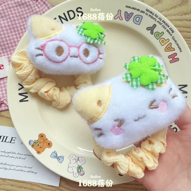 四叶草幸运小猫发圈发绳可爱卡通表情猫咪皮筋学生丸子头头绳礼物|undefined