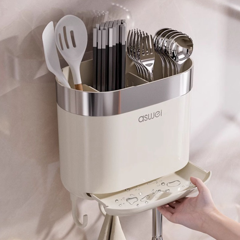 Caja de almacenamiento de palillos Tubo montado en la pared Soporte de almacenamiento de cuchara de cocina Jaula rápida de drenaje de alta gama nuevo hogar sin perforación