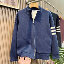 2025秋冬新款男撞色立领拉链针织开衫韩版时尚百搭三条杠毛衣外套